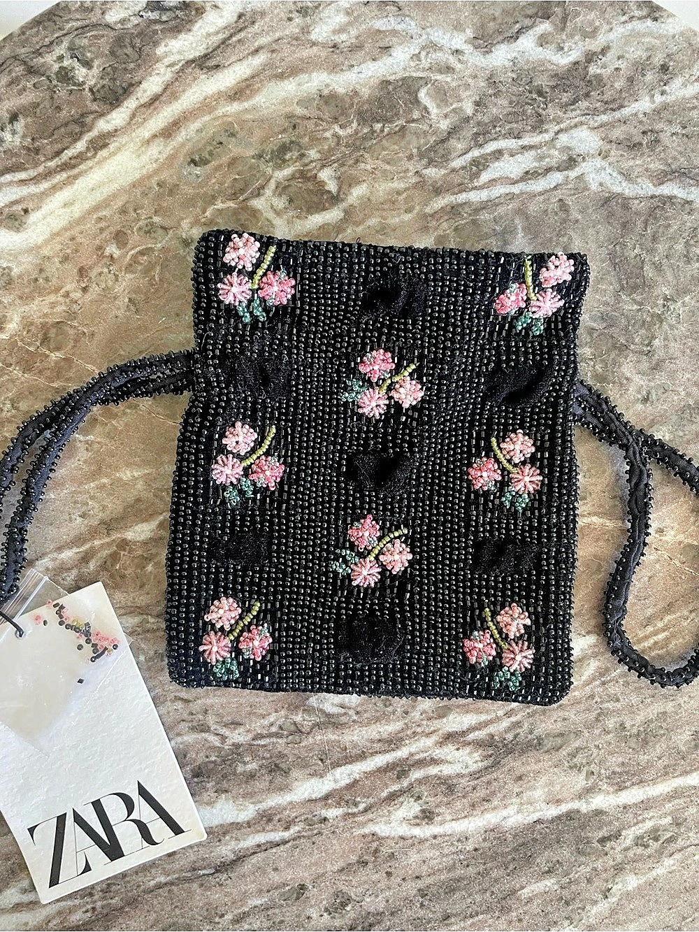 Zara Floral Beaded Bucket Bag in Black & Pink